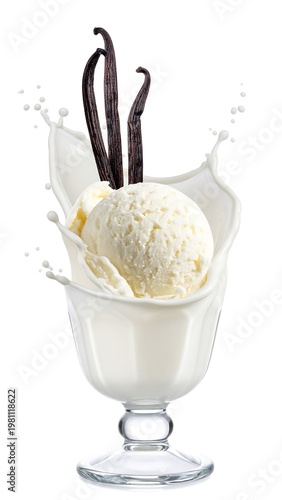 Creamy vanilla ice cream scoops within a milk splash, vanilla beans, and glass