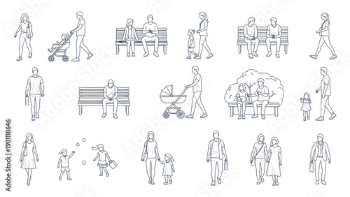 Top-Down City Park Visitors Architectural Blueprint Human Activity Vector Set, Minimal Flat Design Isolated on White Background