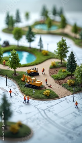 Miniature diorama shows park construction on blueprint. Tiny excavators and workers build green space with ponds, trees, paths. Urban planning project for city development.