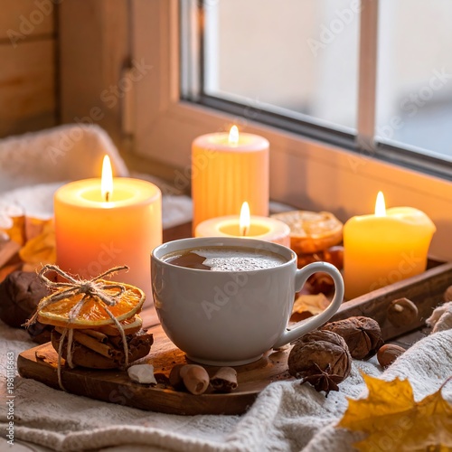 Cozy scene; warm glow, lit candles, cup of coffee, cookies and fall decor by window