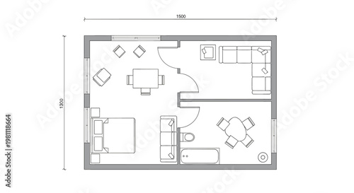 Clean, minimalist architectural floor plan showcasing a modern apartment layout with distinct zones for living, dining, sleeping, and bathing, rendered with precise lines and