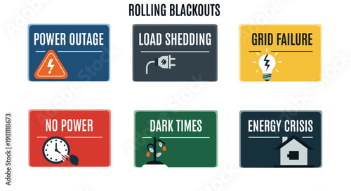 Collection of six distinct graphic panels illustrating critical energy supply disruptions including power outages, load shedding, grid failures, no power situations, dark times,