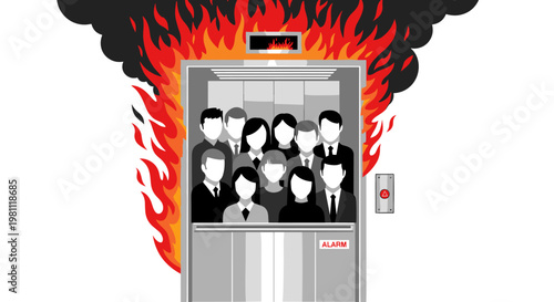 Group of diverse professionals trapped inside a burning elevator with flames engulfing the structure, alarm button visible, conveying urgency and crisis.