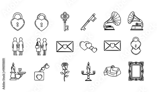 Vintage romantic love icon grid set heart padlock key gramophone couple silhouette vector pack