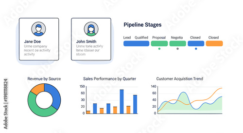Clean vector diagrams showcasing business sales pipeline stages, revenue distribution pie chart, quarterly performance bar graph, and customer acquisition trend line graph,
