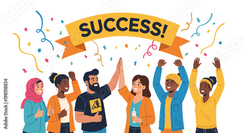 Diverse group of happy people celebrating victory with confetti and a banner proclaiming "success!" in vibrant, clean vector art, symbolizing achievement and teamwork.