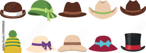 Elegant Vector Hat Collection Featuring Ten Unique Styles Including Classic Top Hat Cowboy Hats Winter Beanie Fedora and Summer Sun Hats with Decorative Bows and Ribbons