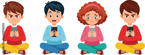 Diverse Kids with Smartphones Vector Set Featuring Children Showing Sad Angry and Shocked Emotions While Using Devices for Cyberbullying Awareness and Digital Safety Designs