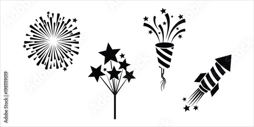 Black and white illustration of fireworks and sparklers