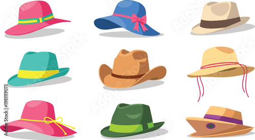 Fashionable Vector Hat Collection Featuring Various Styles Including Summer Sun Hats Cowboy Hats Fedoras and Elegant Headwear with Bows and Ribbons for Apparel Design