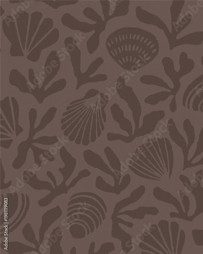 Sea shells, fossils and mollusks seamless pattern. Summer beach hand-drawn seaside vector print. Fashion textile bright multicolored illustration. Seashore elements design for fabrics, wallpaper
