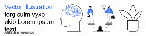 Mental health, work-life balance, creative thinking, decision-making, fairness, productivity. Brain, scale with two figures and a plant. Mental health and work-life balance