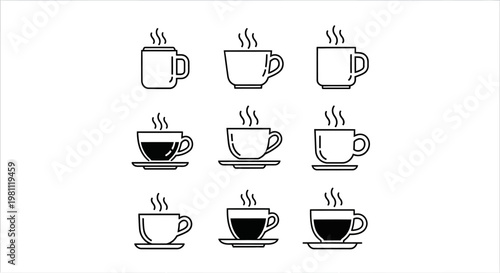 Nine line art coffee and tea mug icons showing steam above cups some on saucers some filled black