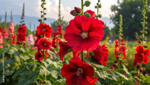 Crimson hollyhocks bloom vividly in a field under a soft light, showcasing vibrant petals