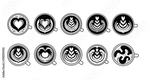 Latte art icon set with top view of coffee cups featuring heart leaf and abstract foam patterns for cafe menu design elements isolated on white background vector