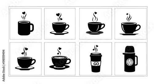Set of coffee cup icons with steam and hearts in black silhouette style including mugs and take away containers and thermos flask for cafe design and menu