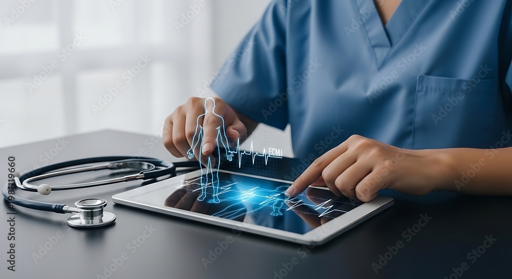 Fototapeta premium Doctor interacting with digital human anatomy and heart rhythm on tablet medical healthcare technology