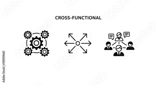 Cross functional teamwork concepts illustrated with simple graphic icons silhouette