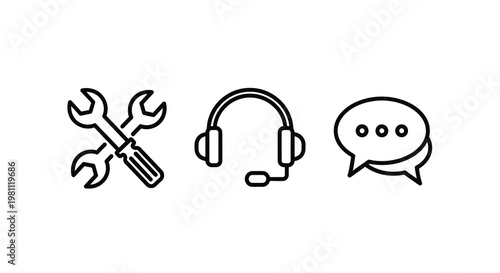 Technical support icons featuring tools headphones and chat silhouette