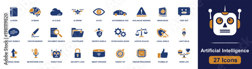 Artificial intelligence icon set. Containing AI brain, chatbot, robot face, smart speaker, tensor processor, AI cloud, AI drone, security lock, target hit and more. Solid fill vector icons.