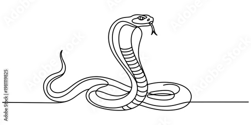 Continuous line drawing of a king cobra snake with its hood expanded and tongue out Vector, illustration