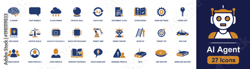 AI agent icon set. Containing robot avatar, voice assistant, AI brain, robot arm, microchip processor, chat bubble, data sync, wifi router, target hit and more. Solid fill vector icons.
