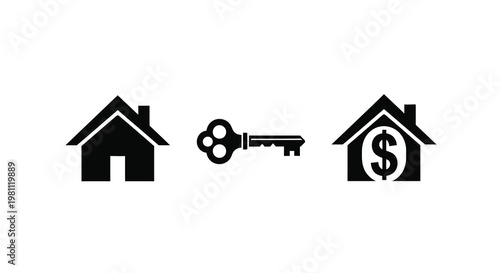 Black icons depict a house key and another house with a dollar silhouette