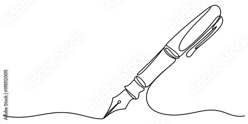 Single line drawing of a classic fountain pen with a nib and cap on a white background Vector, illustration