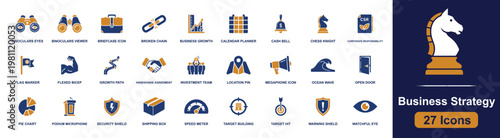 Business strategy icon set. Containing binoculars, briefcase, chess knight, handshake, pie chart, target hit, watchful eye, growth path, shipping box and more. Solid fill vector icons.