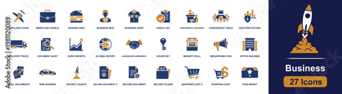 Business services icon set. Containing briefcase, manager, checklist, handshake, conference table, delivery truck, office, shopping cart, secure document and more. Solid fill vector icons.