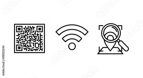 Three technology icons qr code wifi and location finding silhouette