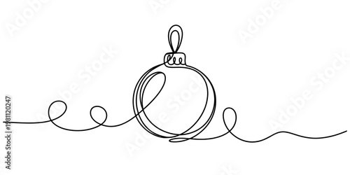 Continuous line drawing of a christmas bauble ornament with elegant swirls on a white background. Vector, illustration