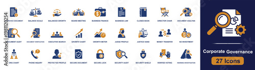 Corporate governance icon set. Containing board meeting, law, audit, voting, growth chart, security shield, secure lock, justice scale, warning sign and more. Solid fill vector icons.