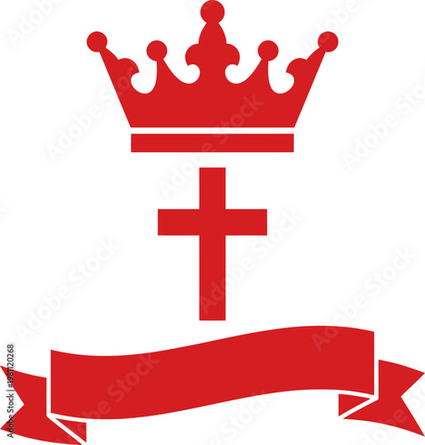Red crown cross symbol with ribbon banner on white background