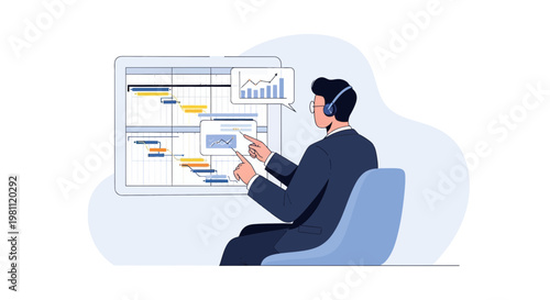 Businessman analyzing Gantt chart on screen, project management, planning, strategy, business analysis