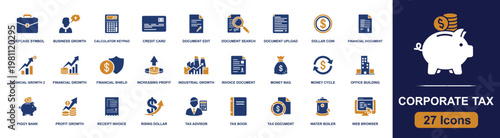 Corporate tax icon set. Containing calculator, credit card, invoice document, dollar coin, piggy bank, tax advisor, tax book, tax document, office building and more. Solid fill vector icons.