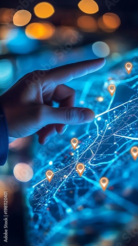 A businessman's hand connects to a global digital network through a virtual touch screen interface, representing the future of world communication and science tech concepts