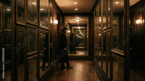A dimly lit, narrow hallway with mirrored walls, featuring a person in a dark coat walking towards the end. Warm, ambient lighting enhances the reflective surfaces, creating a mysterious, almost eerie