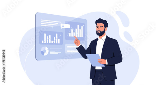 Businessman presenting financial data on a digital screen with charts and graphs
