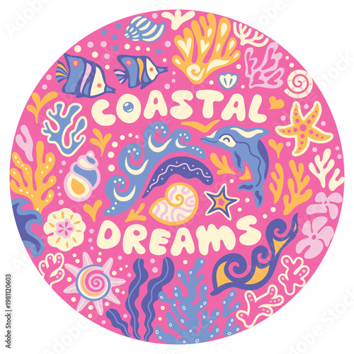 Coastal Dreams circle print with underwater life in pink colors. Vector illustration