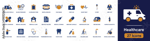 Healthcare and medical icon set. Containing ambulance, blood pressure, face mask, first aid, heartbeat, syringe, microscope, stethoscope, wheelchair and more. Solid fill vector icons.