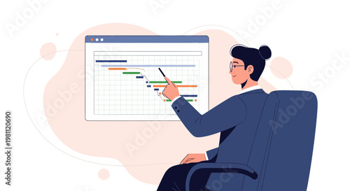 Businesswoman pointing at Gantt chart on screen, project management, planning, strategy