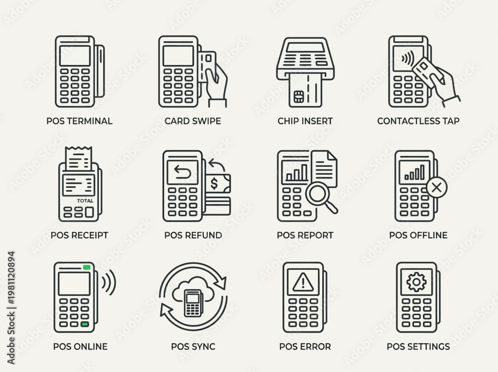 Fototapeta premium Diverse lineup of thin line icon graphics depicting various Point of Sale payment and transaction processes, including receipt, refund, and contactless options.