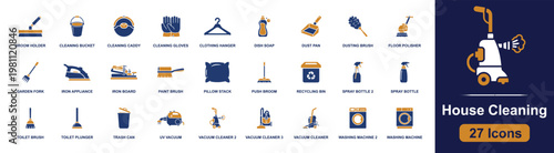 House cleaning household icon set. Containing bucket, gloves, spray bottle, vacuum cleaner, washing machine, broom, dust pan, trash can, dish soap and more. Solid fill vector icons.