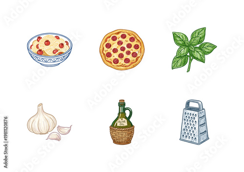 Italian Cuisine and Cooking Ingredients with Colorful Crayony Brush Strokes and Organic Colorful Textures