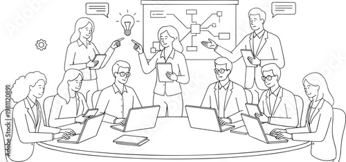 Collaborative business team brainstorming session in office meeting with laptops technology flowchart and lightbulb idea icon line art vector.