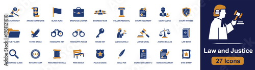 Law and justice icon set. Containing gavel, scales, law book, handcuffs, police badge, court judge, witness shield, notarized document, quill pen and more. Solid fill vector icons.