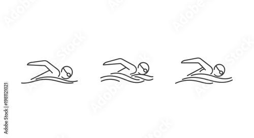 Three swimmers in different stages of a freestyle stroke silhouette