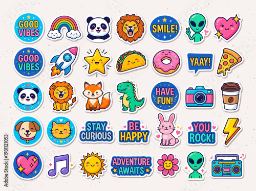 Colorful stickers with motivational phrases and cute cartoon characters in a playful, modern, digital art style for kids or teens, expressing positivity and fun in a whimsical, youthful cont