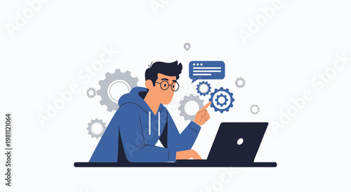 Programmer working on laptop with gears and chat bubble, coding concept illustration